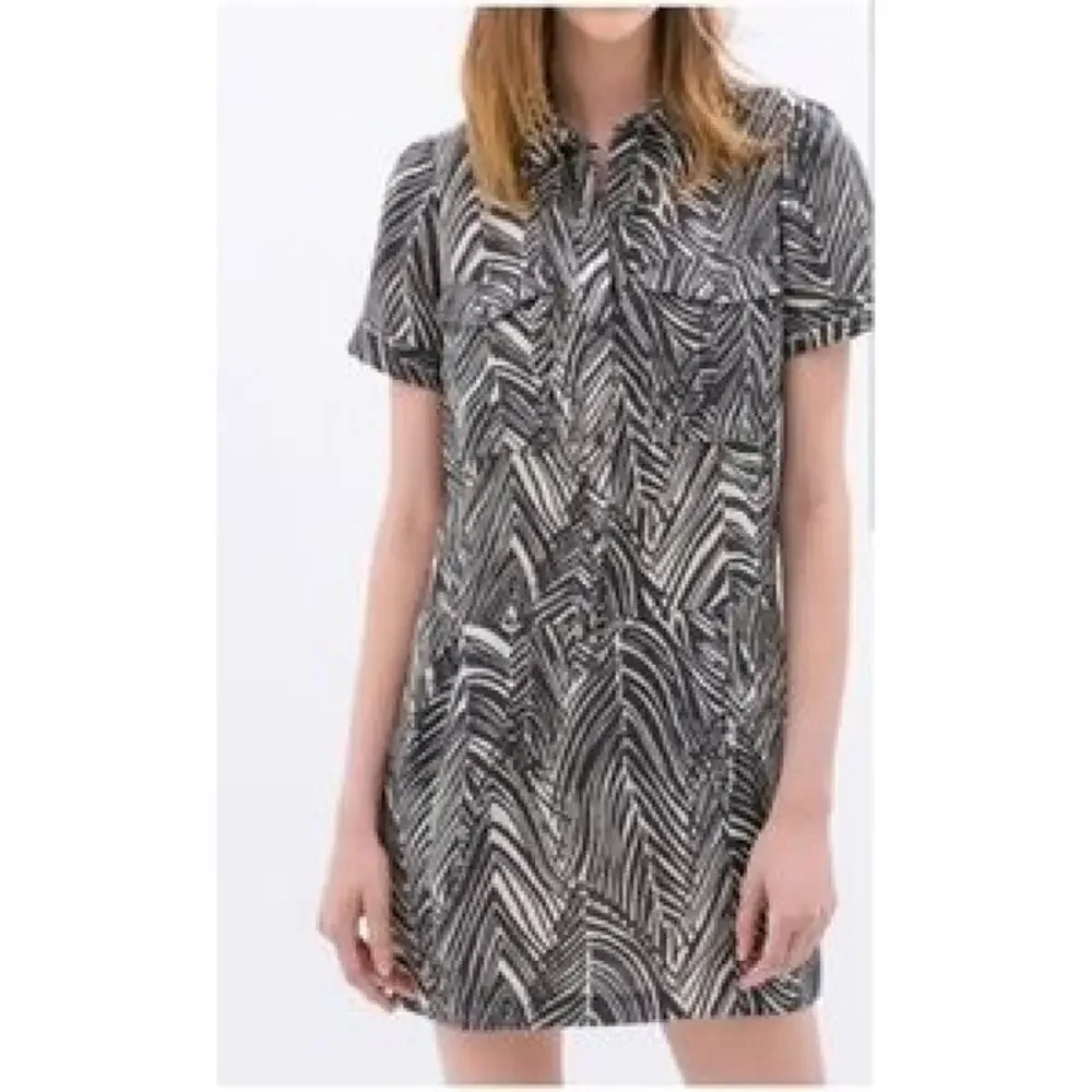 Zara 100% Linen Zebra Print Mini Shirt Dress Short Sleeves Black‎ White, Size XS